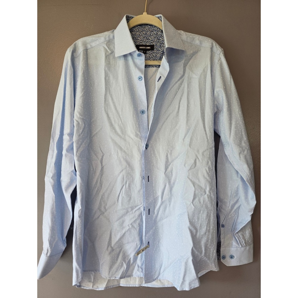 Jared Lang Mens Light Blue Alphabet Jacquard Floral Trim Button Down Shirt Small